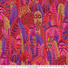 Vibrant fabric pattern featuring abstract leaves and feathers in shades of pink, red, and purple.