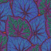 A vibrant pattern of large, textured leaves in shades of blue and green with purple outlines.