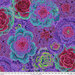 A vibrant floral pattern featuring large roses in shades of pink, green, and purple against a purple background.