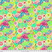 A vibrant floral pattern featuring various flowers in pink, yellow, green, and blue on a teal background.