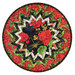 A round floral table mat featuring vibrant red flowers and green leaves isolated on a white background