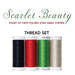 Four spools of thread in black, red, green, and beige with text indicating Scarlet Beauty and Thread Set.