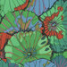 Colorful abstract design featuring overlapping green and blue lotus leaves with red accents.