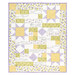 A patchwork quilt features floral patterns, star motifs, and handwritten text in soft yellow and lavender isolated on a white background