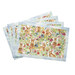 A set of placemats featuring a floral pattern with brown rabbits among colorful flowers isolated on a white background.