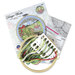 The packaging, contents of the cross stitch kit, and pattern displayed on a white background. 