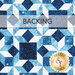 Tonal blue fabric with geometric design and small snowflakes labeled as backing. A golden Shabby Fabrics logo sits in the lower right corner.