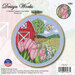 Cross-stitch kit featuring a red barn, pink tulips, and a butterfly in a green landscape.