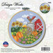 A cross-stitch kit design featuring a barn, sunflowers, pumpkins, and a chicken