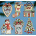 A collection of decorated Christmas-themed ornaments including a heart, stocking, gifts, snowman, and tree.