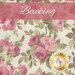 Cream fabric swatch with a tossed pink rose and leaf pattern with a pink banner at the top that reads 