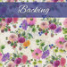 A swatch of cream fabric with a tossed, multicolor floral print and a purple banner at the top that reads 