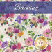 A swatch of cream fabric with a tossed, multicolor floral print, a purple banner at the top that reads 