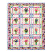 A patchwork quilt design featuring vibrant watercolor floral patterns and floral jar vases isolated on a white background