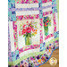 A colorful quilt featuring watercolor floral patterns and floral arrangements in jars. 