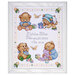 Framed cross stitch featuring playful teddy bears, gifts, and butterflies with baby details