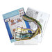 Cross stitch kit featuring embroidery threads and designs, including a teddy bear illustration and instructions.