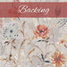 Light gray fabric swatch with tonal silhouettes in the background and tossed red, blue, and amber flowers in the foreground. A brick red banner at the top reads 