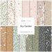 A collection of 15 fabric fat quarters featuring floral and leafy patterns in soft colors.