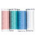 Four spools of thread in pink, aqua, blue, and white, isolated on a white background.