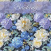 Floral fabric design featuring white and blue flowers on a dark background labeled backing