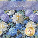 Floral fabric design featuring white and blue flowers on a dark background labeled backing