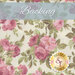 A swatch of cream fabric with blooming pink roses and sprawling leaves. A muted blue banner at the top reads 