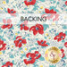A swatch of cream fabric with white and red florals. A red banner at the top reads 