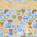 A swatch of blue fabric with baby motifs like stuffed animals, toys, and hearts. A light yellow banner at the top reads 