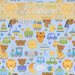 A swatch of blue fabric with baby motifs like stuffed animals, toys, and hearts. A light yellow banner at the top reads 