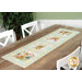 A decorative bunny themed table runner in pastel colors laid out on a wooden dining room table