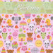 A swatch of pink fabric with baby motifs like stuffed animals, toys, and hearts. A light green banner at the top reads 