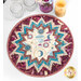 Circular table topper featuring a starburst pattern in shades of turquoise and purple featuring celestial motifs surrounded by glasses and a candle.