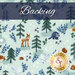 A swatch of mint fabric with tossed forest scenes of stylized animals. A navy banner at the top reads 