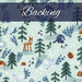 A swatch of mint fabric with tossed forest scenes of stylized animals. A navy banner at the top reads 