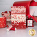 A stack of the red, pink, and white fabrics included in the Letters to Cupid FQ Set, with a mailbox and mail and a bowl and baubles and a bottle and a mug and thread.