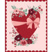 A large red heart adorned with flowers and a pink ribbon, set against a light pink fabric.