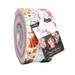 Rolled fabric bundle with colorful floral patterns, tied together with a measuring tape ribbon.