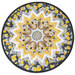 The completed Point of View Kaleidoscope topper colored in gray, white, and golden yellow fabrics, isolated on a white background.