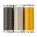Three spools of thread in dark gray, light gray, and honey yellow, isolated on a white background.