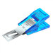 Blue plastic clip with a silver metal blade, designed for holding fabric.