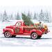 A red vintage truck carrying a Christmas tree, hay bales, and several dogs in a snowy landscape.