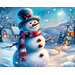 A cheerful snowman with a top hat and scarf stands in a snowy landscape near cozy cottages.