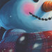 A smiling snowman with a carrot nose, colorful scarf, and rosy cheeks against a snowy background.