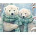 Two fluffy polar bears wearing matching green scarves stand together in a snowy forest setting.