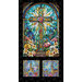 A colorful stained glass window featuring a cross and flowers, with two smaller images of church scenes below.