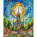 Colorful stained glass window featuring a gothic church surrounded by vibrant flowers and trees.