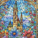 Swatch of the panel, showing a colorful church with flowers and stained glass, demonstrating scale.
