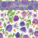 A swatch of white fabric with hand-drawn purple florals. A dark purple banner at the top reads 