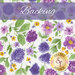 A swatch of white fabric with hand-drawn purple florals. A dark purple banner at the top reads 